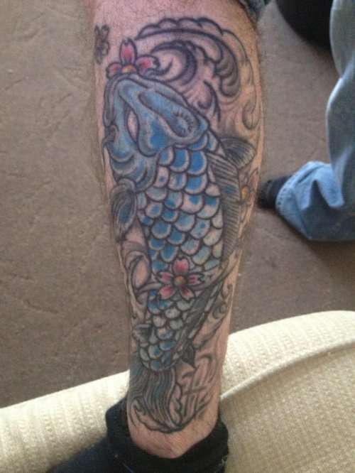 Color Carp Fish Tattoo On Left Leg